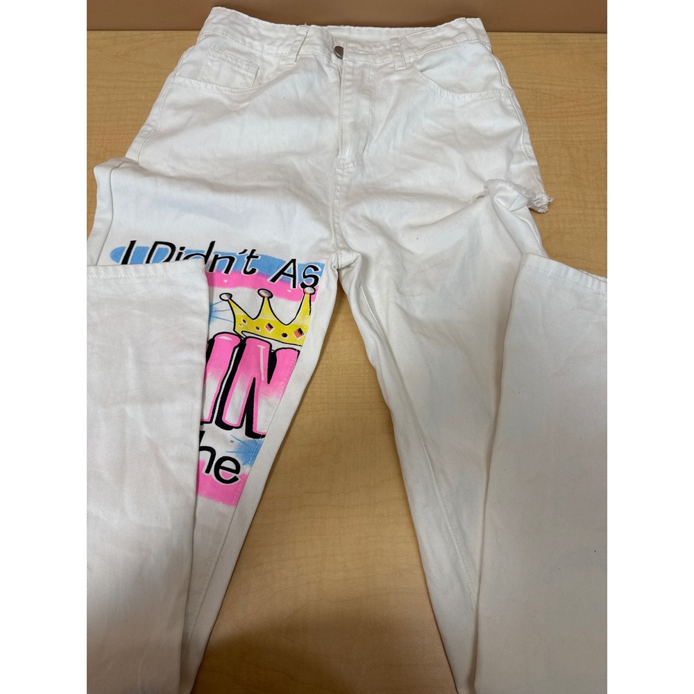 SHEIN White Graphic Print Distressed High Waisted Jeans Size XS 2 Crown Pink